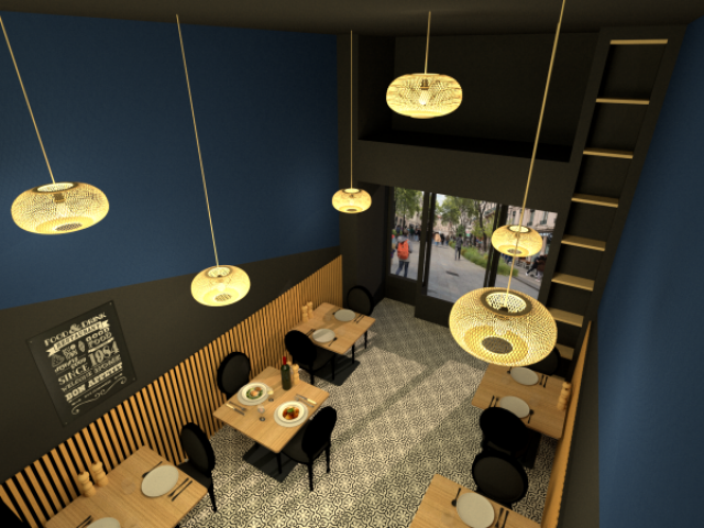 Décoration d’un restaurant contemporain à Lyon dans des tons bleus et gris