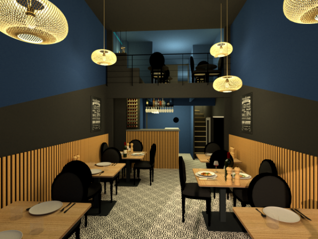 Décoration d’un restaurant contemporain à Lyon dans des tons bleus et gris