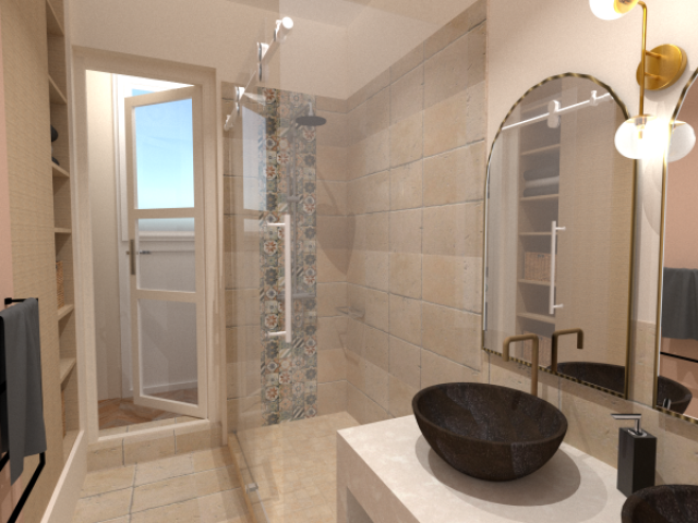 Rénovation d’une salle de bain en travertin et meuble vasque en bois