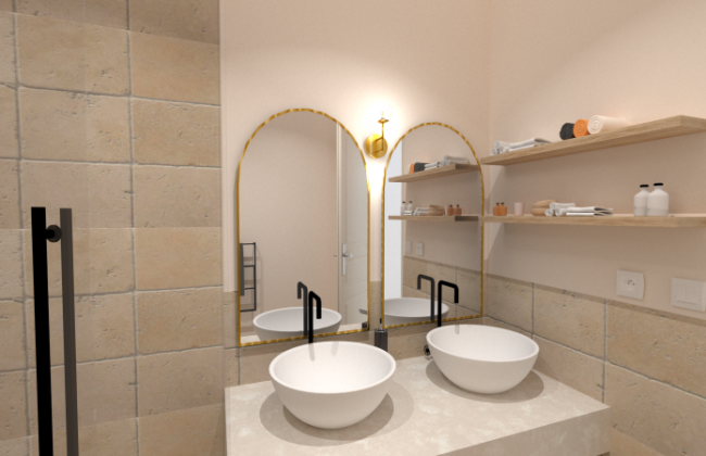 Rénovation d’une salle de bain en travertin et meuble vasque en bois