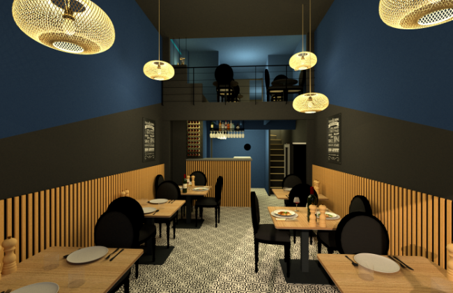 Décoration d’un restaurant contemporain à Lyon dans des tons bleus et gris