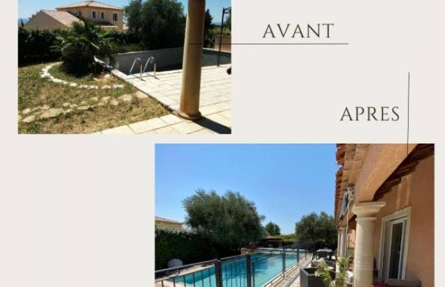 Extension du jardin en terrasse bois autour de la piscine à Aix-en-Provence