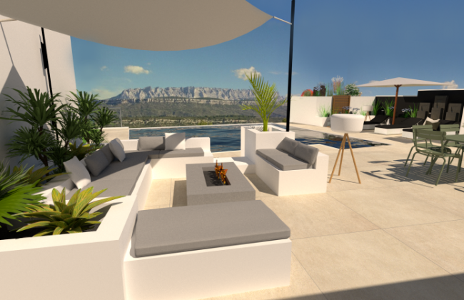 Aménagement extérieur d’exception d’une villa contemporaine avec piscine à débordement et vue sur la Sainte-Victoire